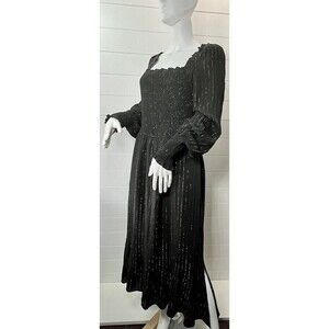 OAT New York Midi Womens L Puff Sleeve Metallic Striped Milkmaid Romantic Goth
